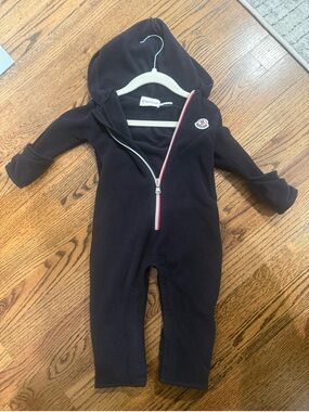 Moncler Navy Hooded Baby One-Piece with Tricolor Zip Detail